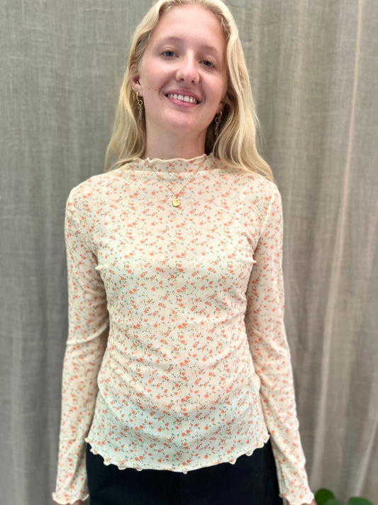 t-shirt mesh met bloemetjes lichtgeel