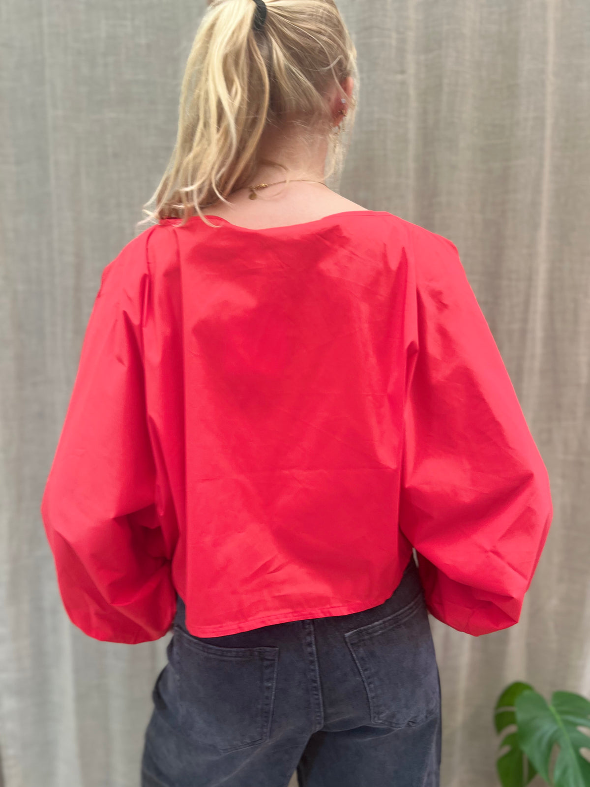 Bloesje zwart met pofmouwen-rood