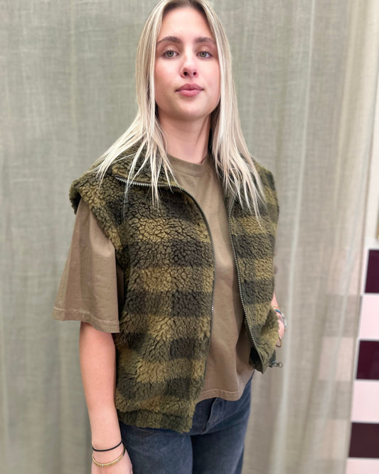 Teddy Check Bodywarmer – Olive/Khaki