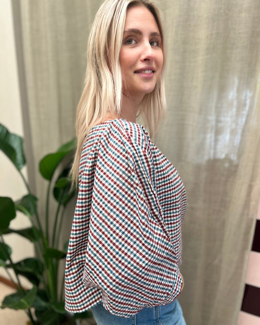 Geruite Blouse met Ballonmouwen – bordeaux blauw