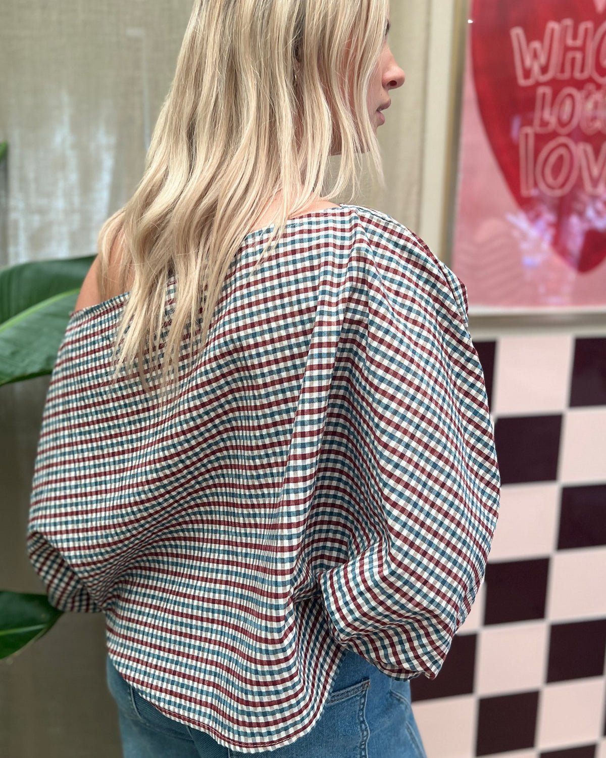 Geruite Blouse met Ballonmouwen – bordeaux blauw