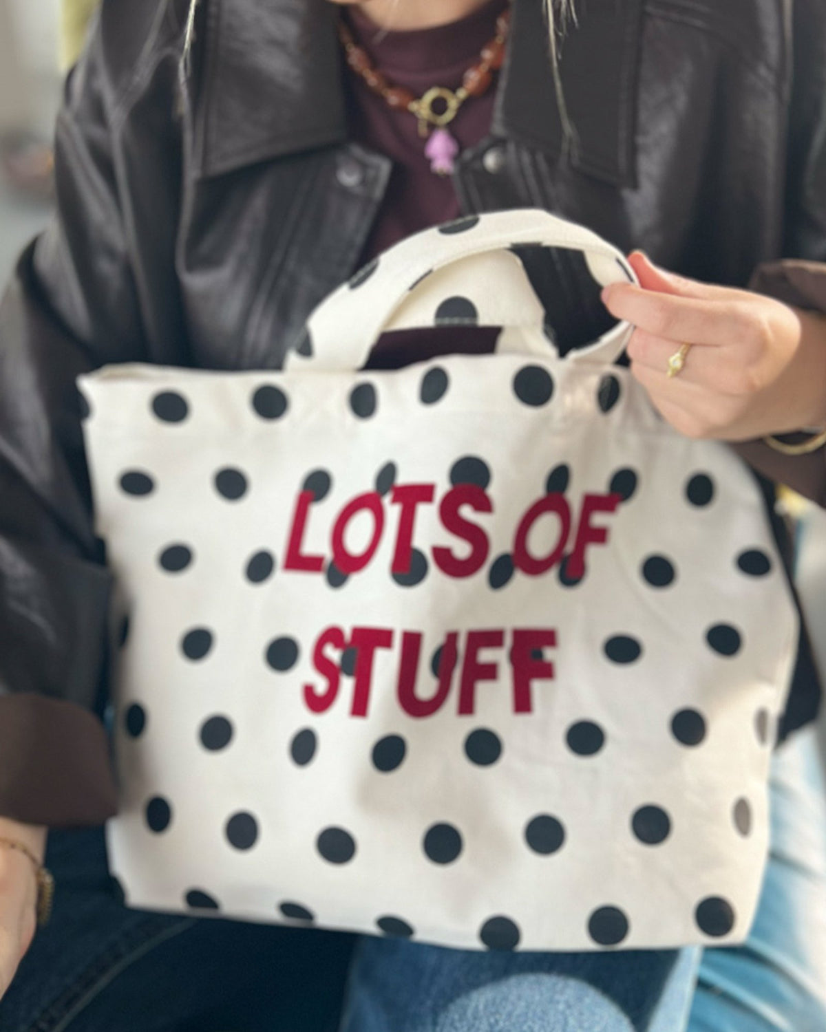 Mini totebag dots met slogan