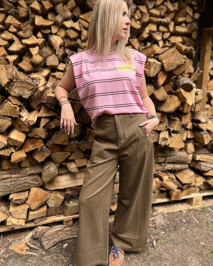 Paris Striped Top met Schoudervulling – Pink