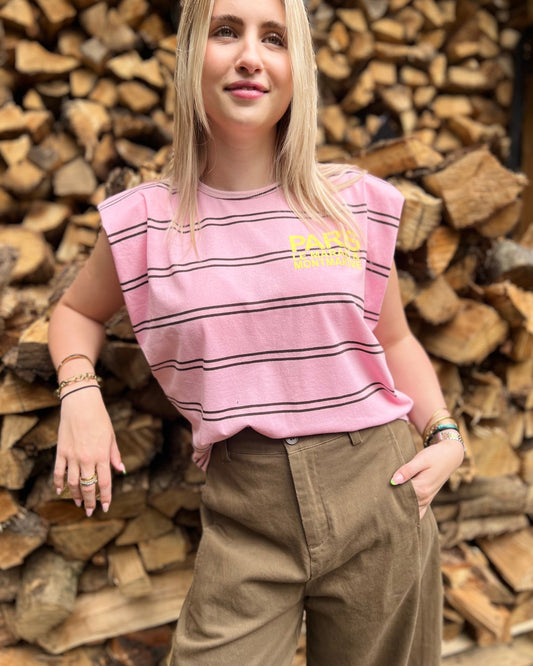 Paris Striped Top met Schoudervulling – Pink