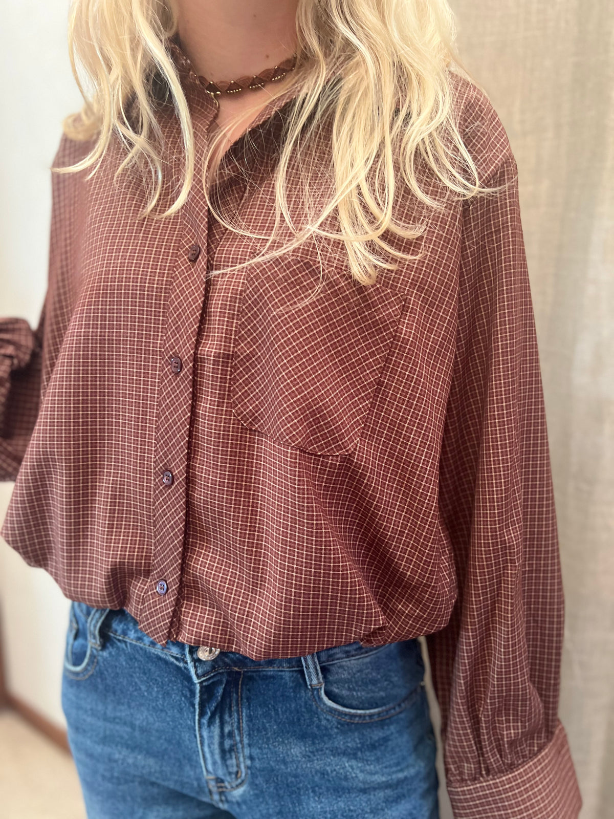 Check blouse met elasticed hem