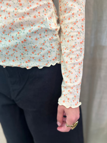 t-shirt mesh met bloemetjes lichtgeel