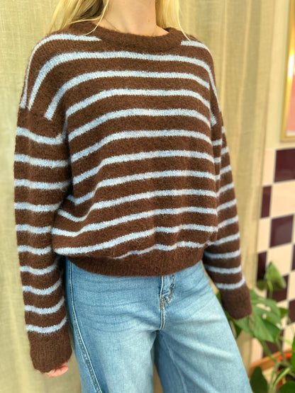 trui bruin-blauw gestreept