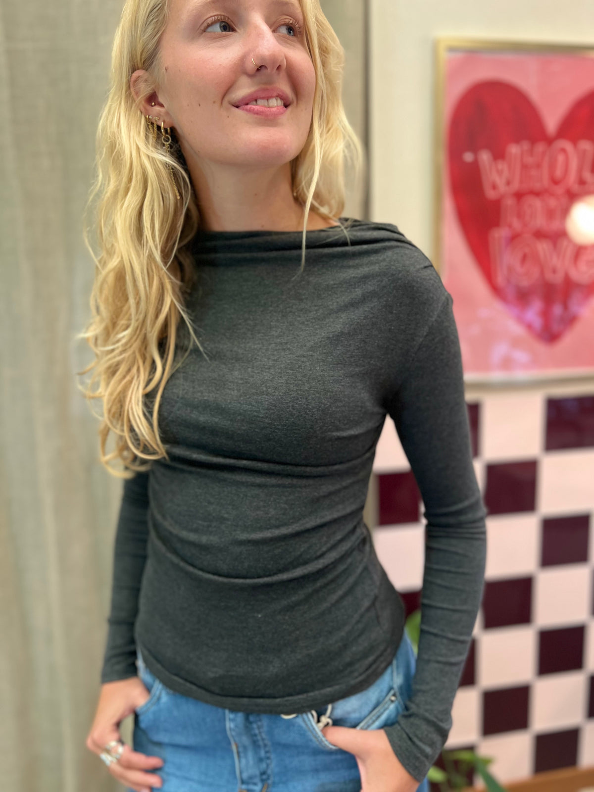 GRIJS tshirt-boothals nauwaansluitend