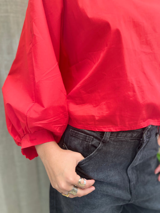 Bloesje zwart met pofmouwen-rood