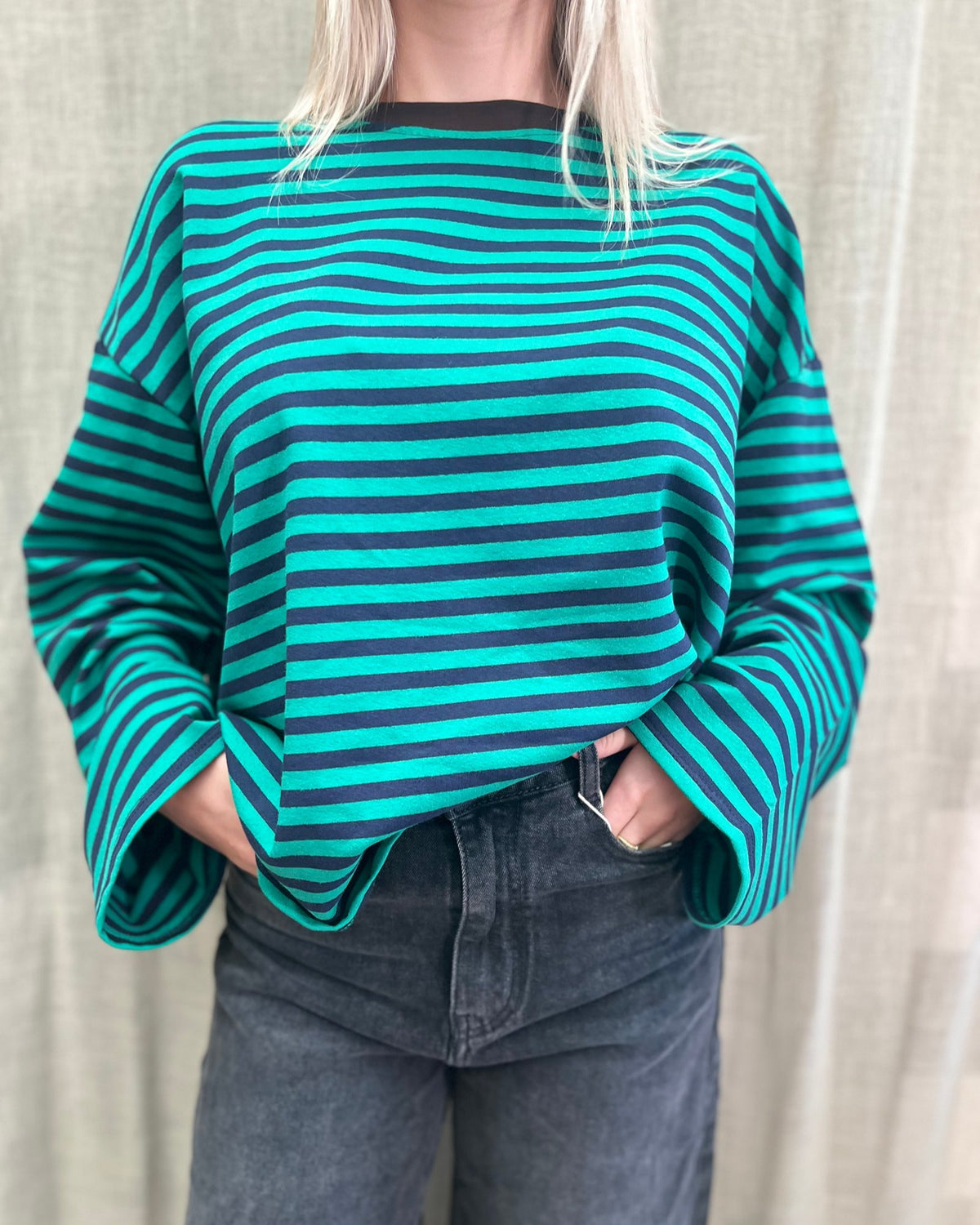Basic Oversized Longsleeve – Navy/Green Stripe