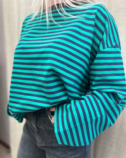 Basic Oversized Longsleeve – Navy/Green Stripe