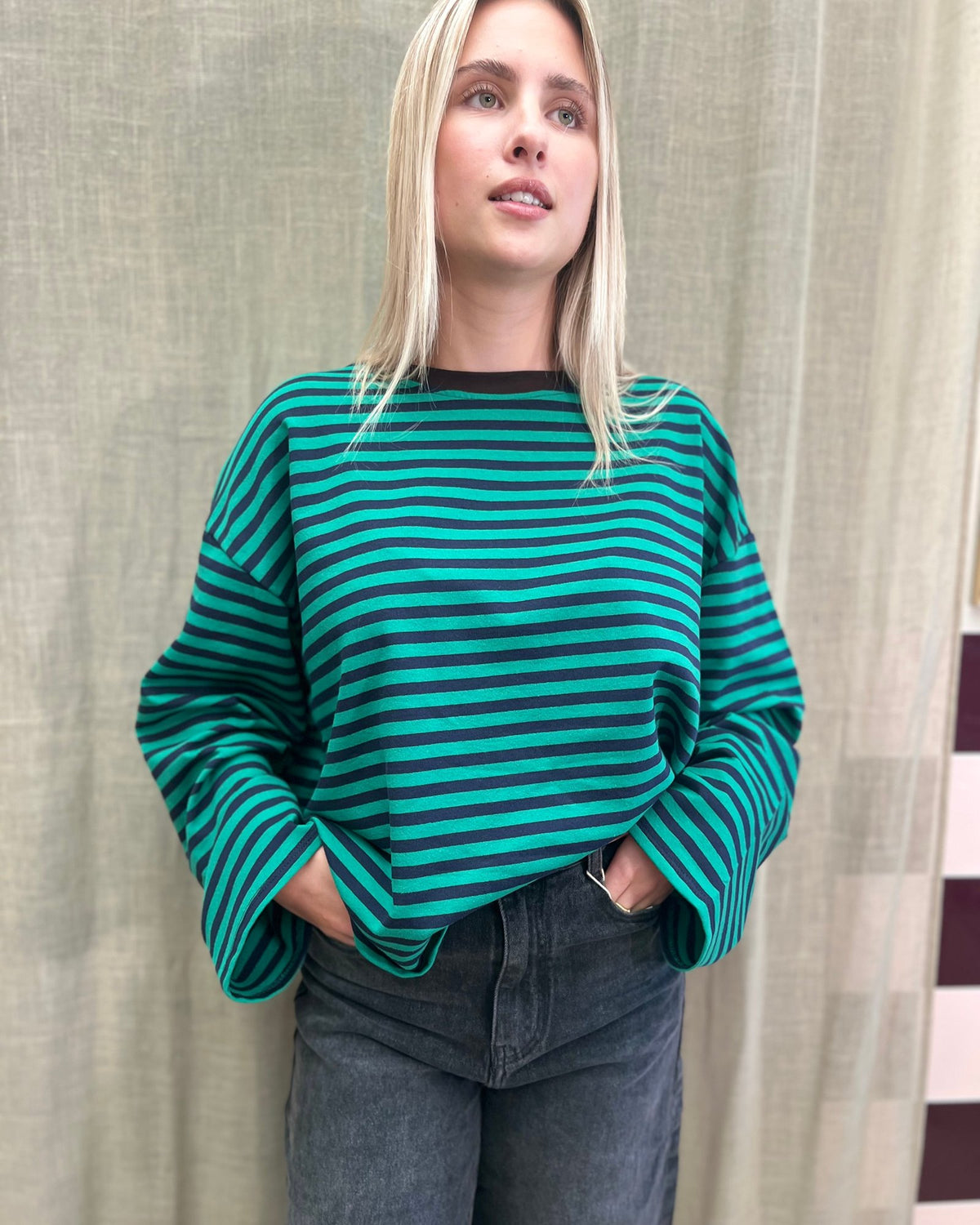Basic Oversized Longsleeve – Navy/Green Stripe
