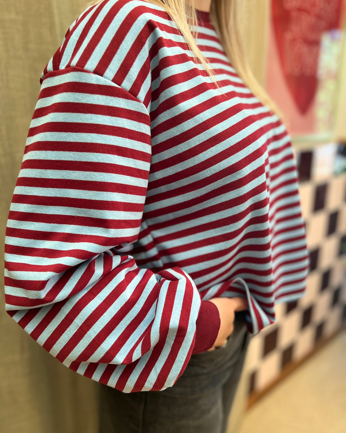 Open Back T-shirt – Sky Blue/Burgundy Stripe
