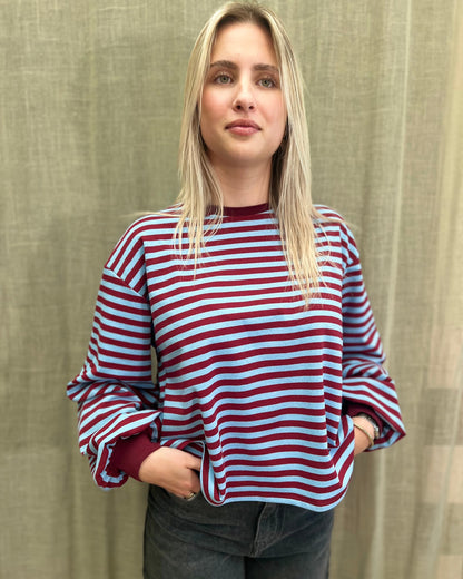 Open Back T-shirt – Sky Blue/Burgundy Stripe