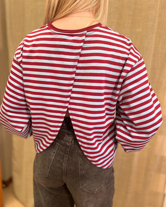 Open Back T-shirt – Sky Blue/Burgundy Stripe