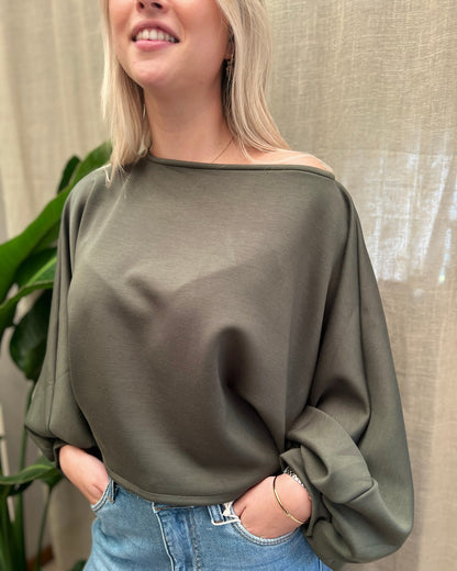 Heavy Jersey Top met Ballonmouwen – Kaki