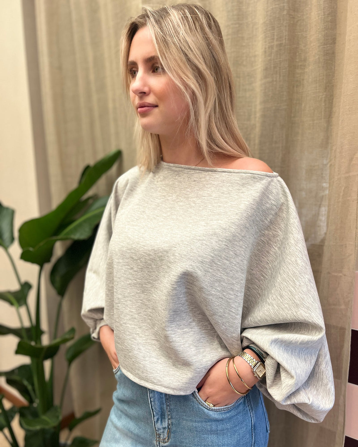 Heavy Jersey Top met Ballonmouwen – grijs