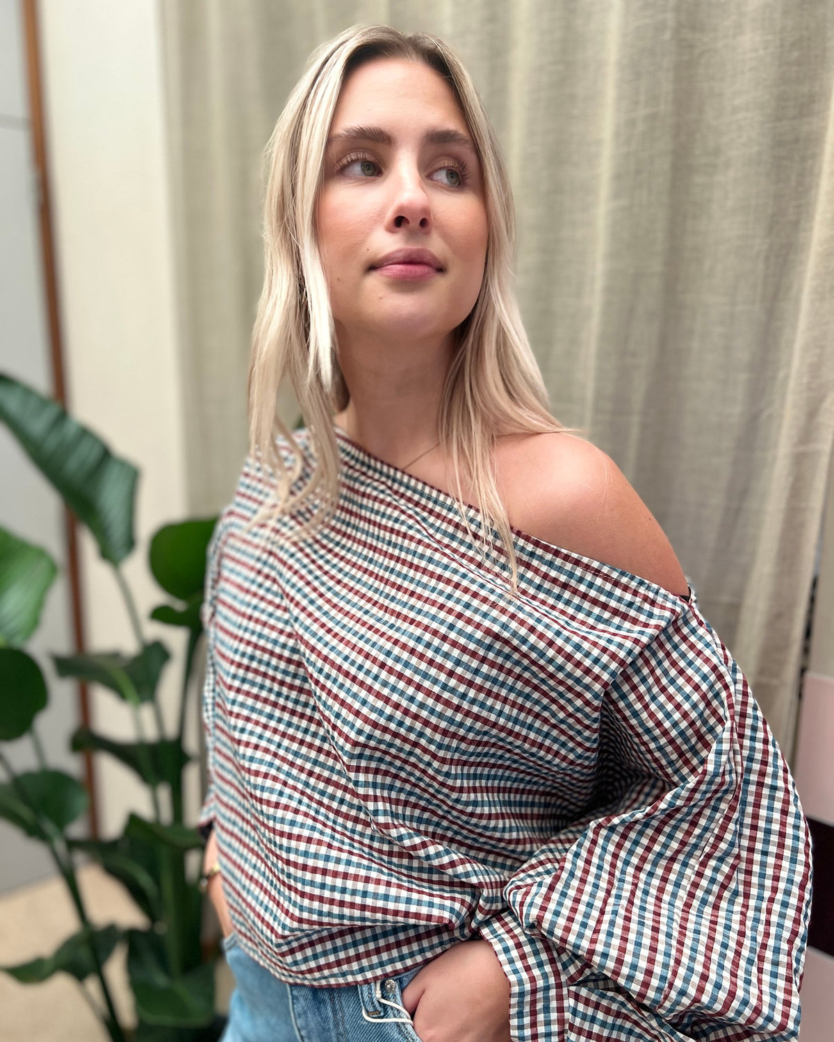 Geruite Blouse met Ballonmouwen – bordeaux blauw