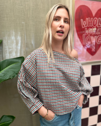 Geruite Blouse met Ballonmouwen – bordeaux blauw