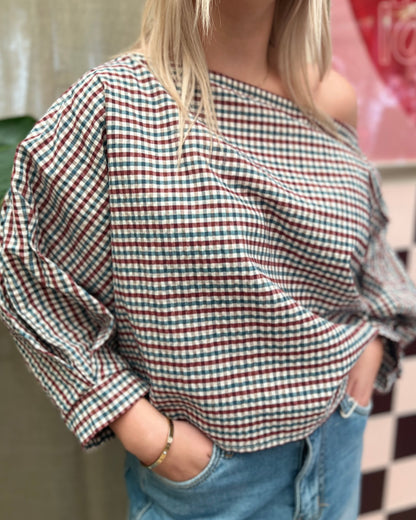 Geruite Blouse met Ballonmouwen – bordeaux blauw