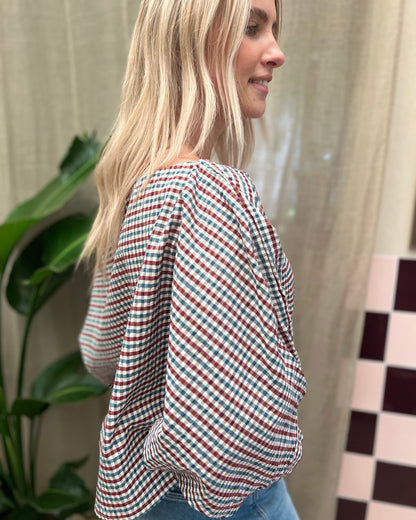 Geruite Blouse met Ballonmouwen – bordeaux blauw