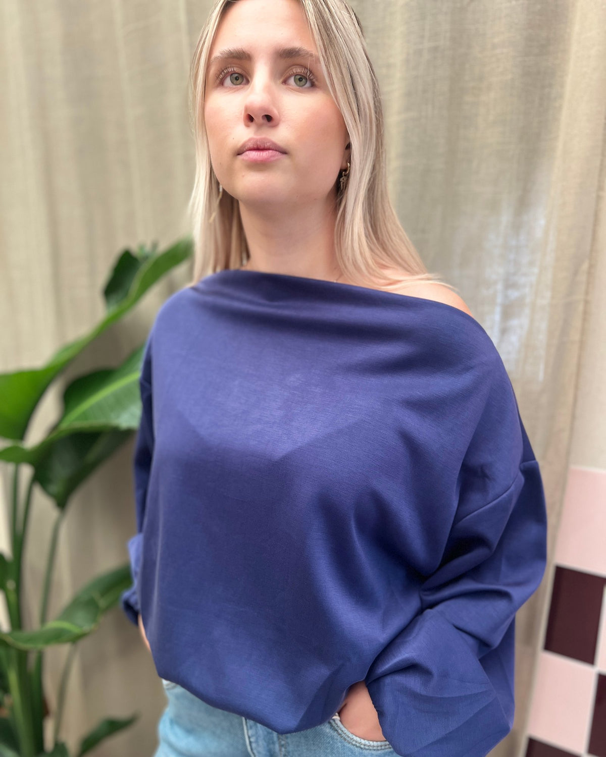 Oversized Sweater met Boothals – blauw