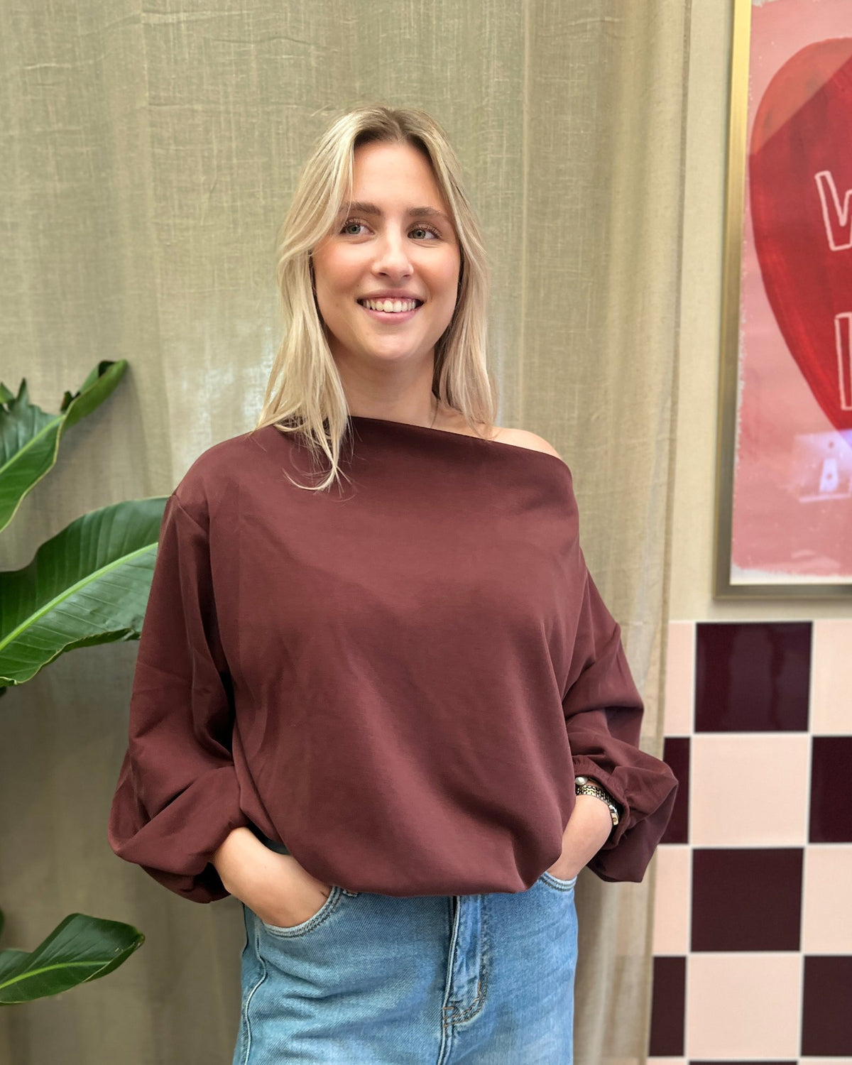 Oversized Sweater met Boothals – Bordeaux